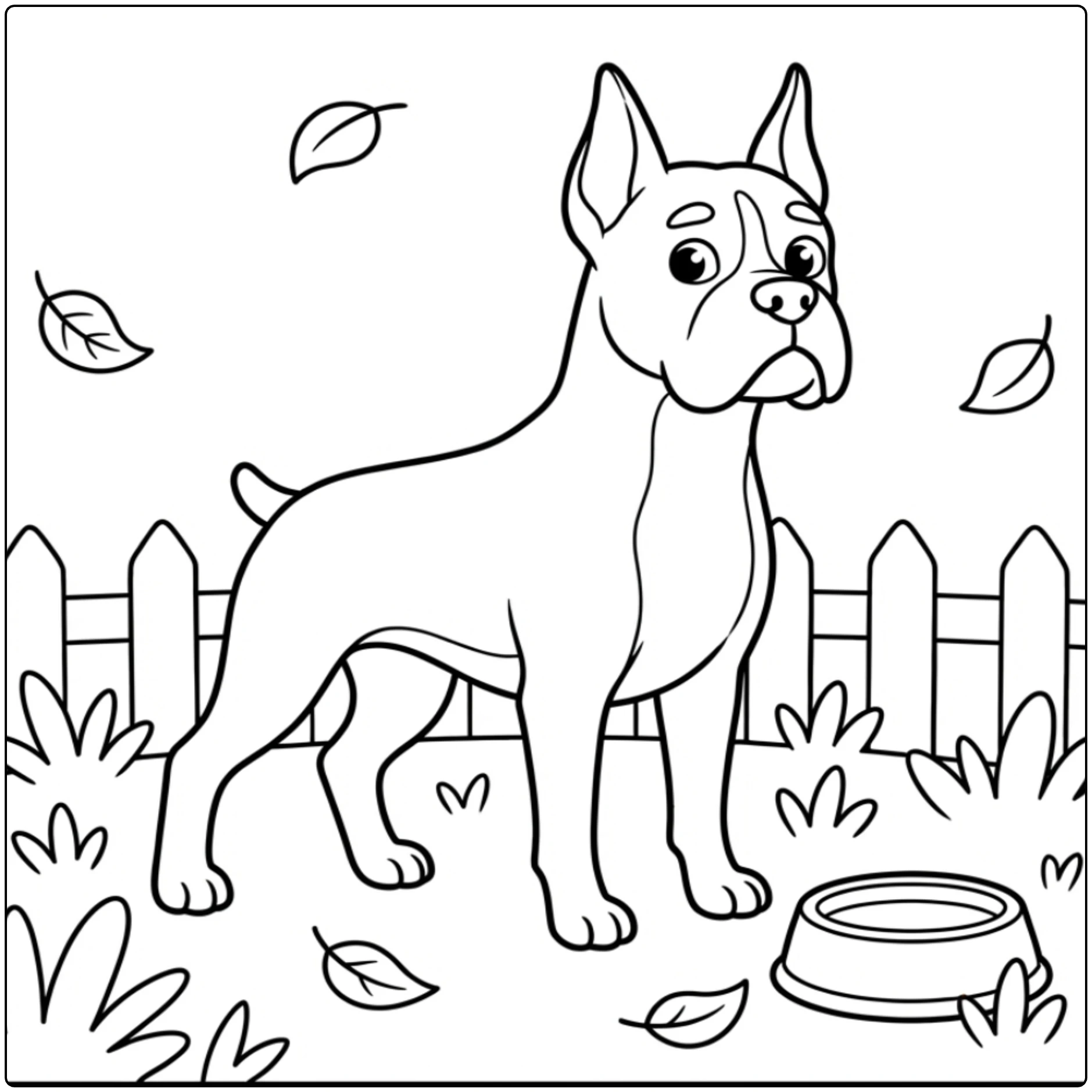 Printable realistic Boxer dog coloring page standing alert.