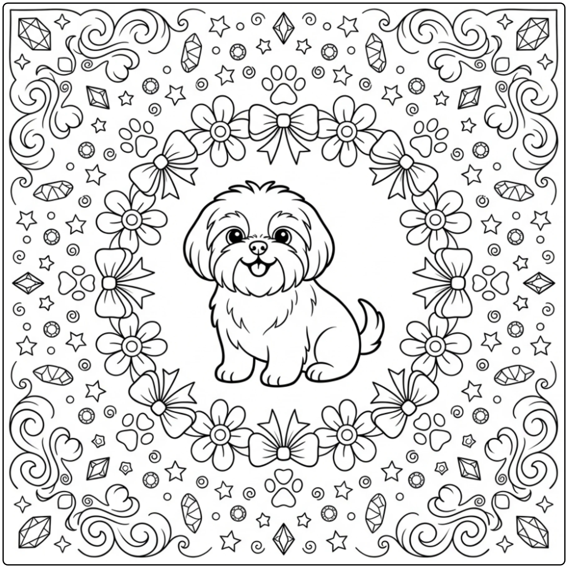 Cute Shih Tzu coloring page for teens with floral mandala art