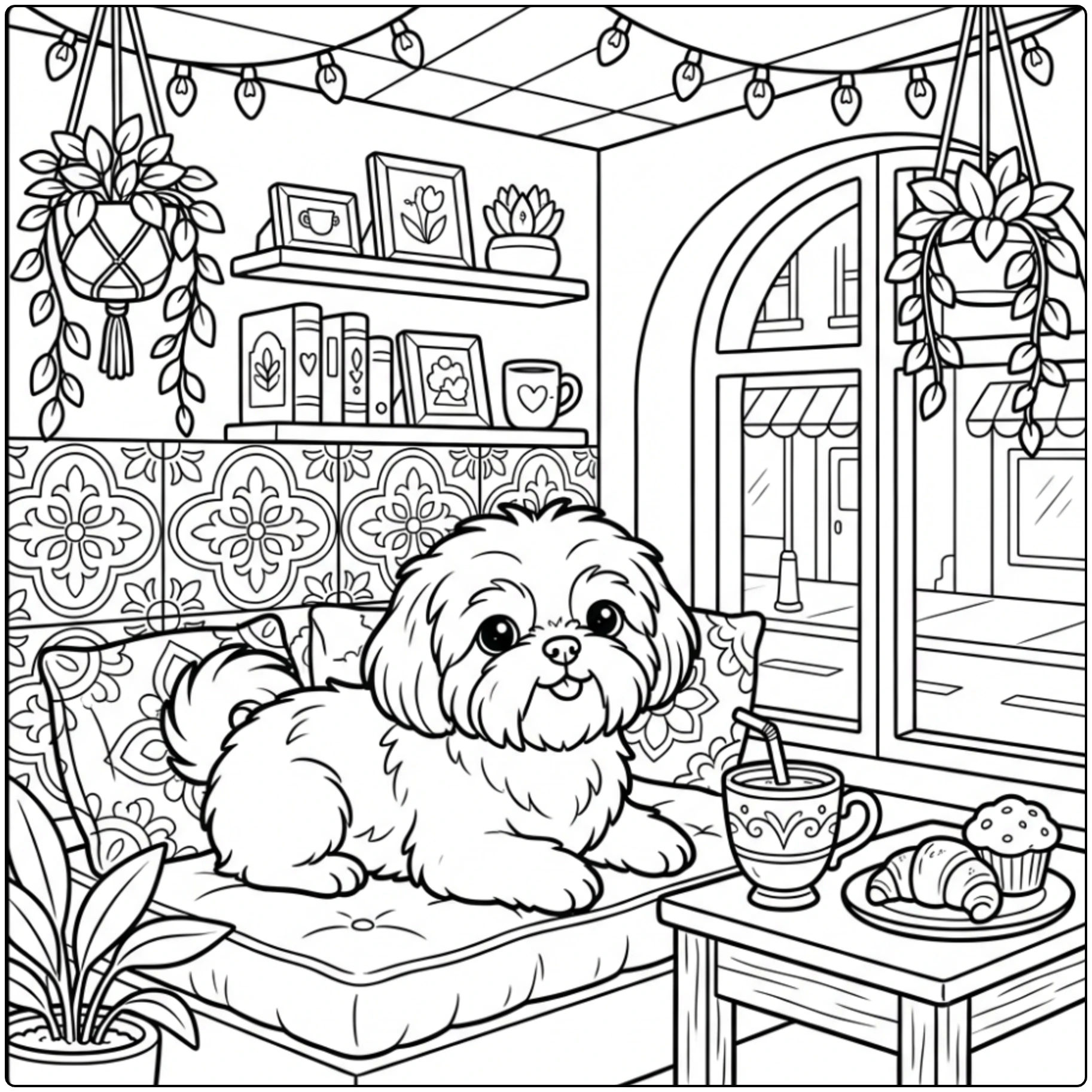 Cute Shih Tzu coloring page for teens in a cozy café setting