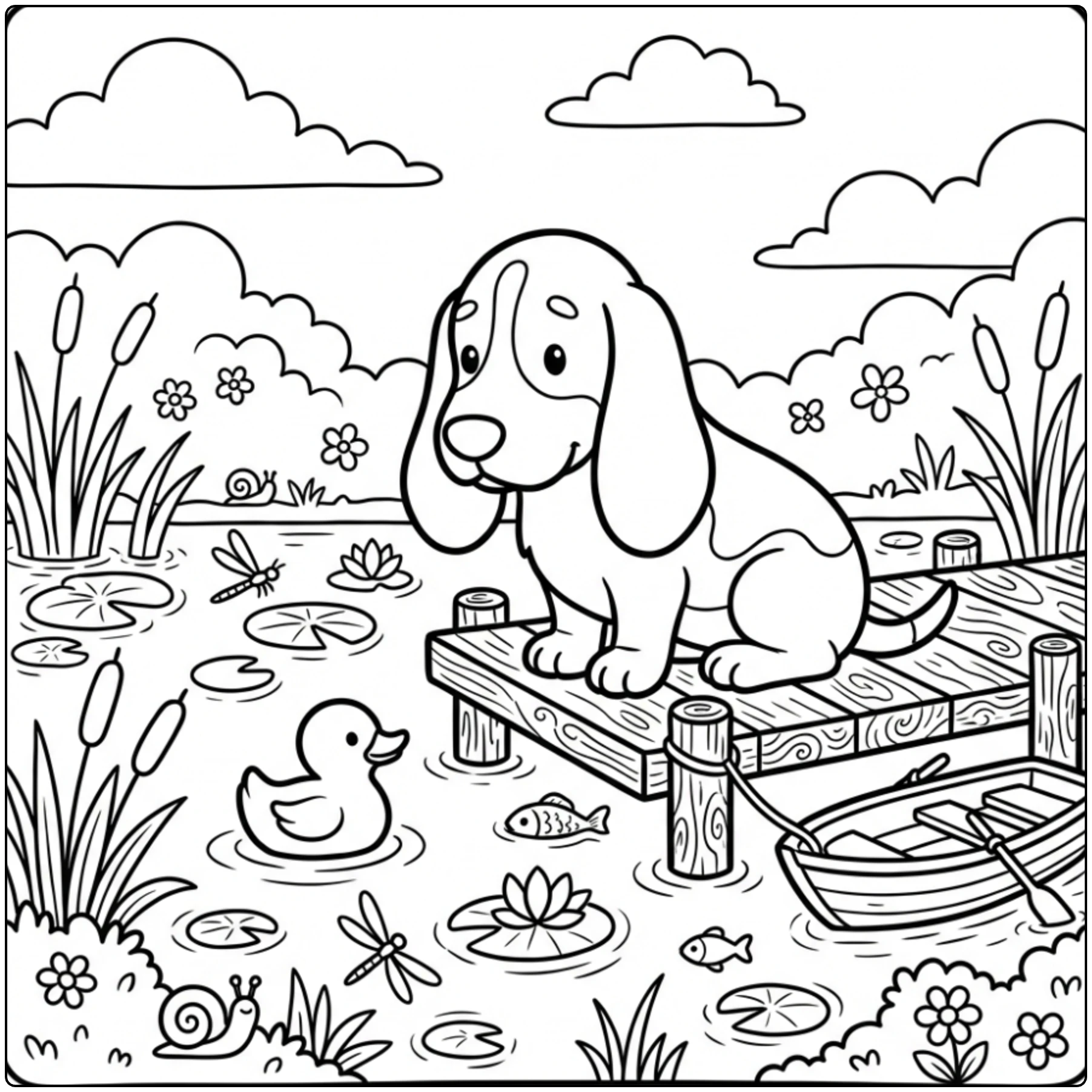 Basset Hound coloring page watching a rubber duck by reeds.