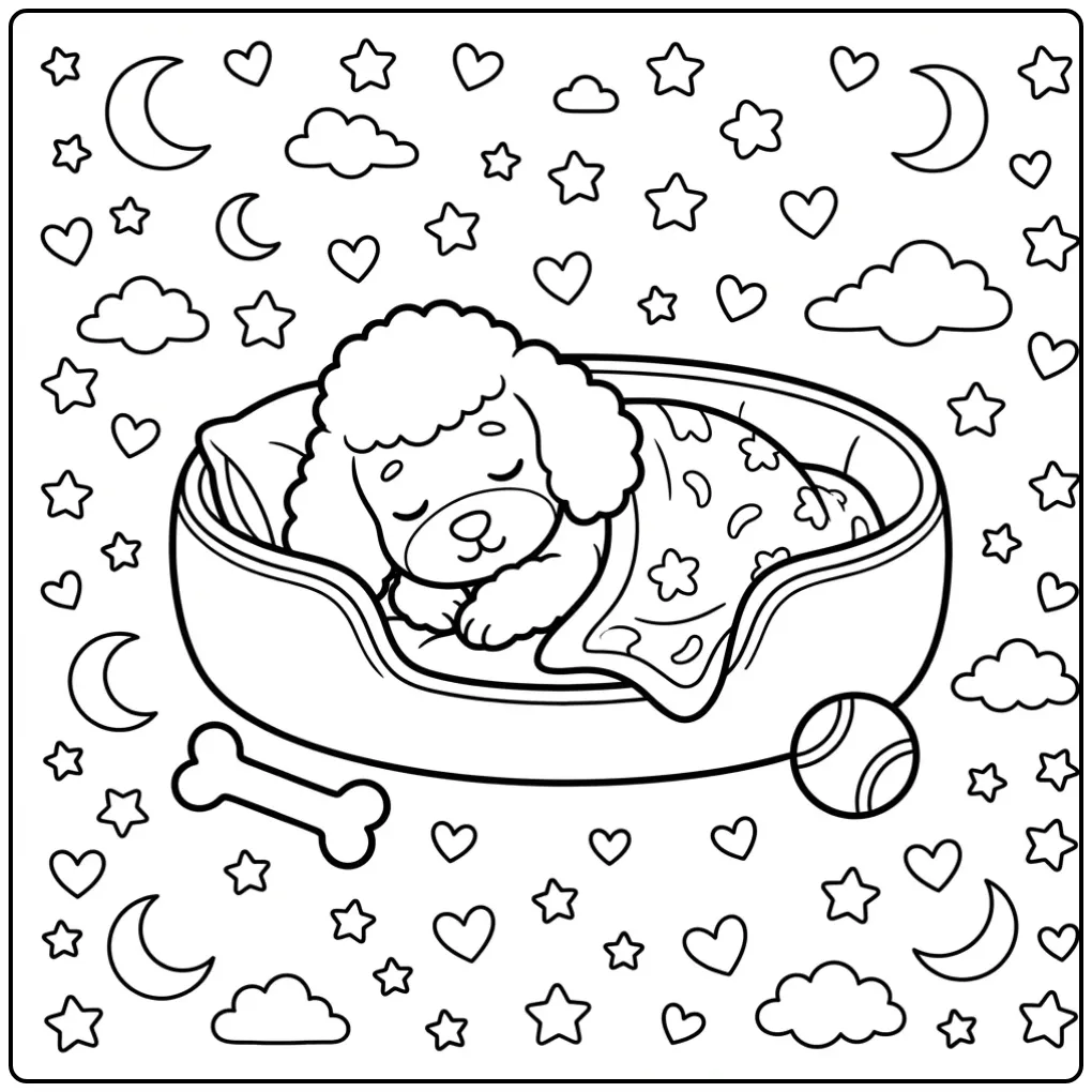 A sleepy Poodle Puppy Coloring Page in a cozy bed with toys.