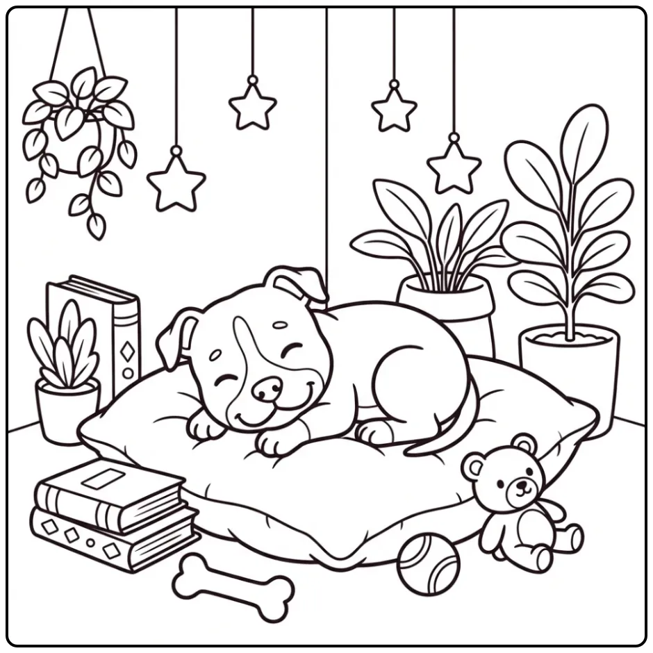 A sleepy pup in a cozy nook, a Pitbull Puppy Coloring Page.
