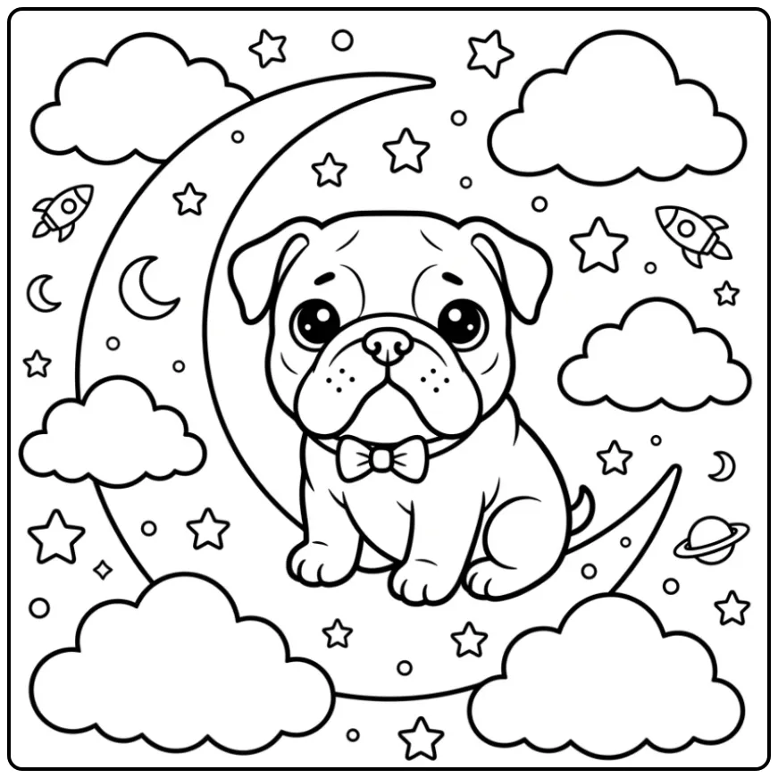 A cute cartoon baby Bulldog Coloring Page on a crescent moon.