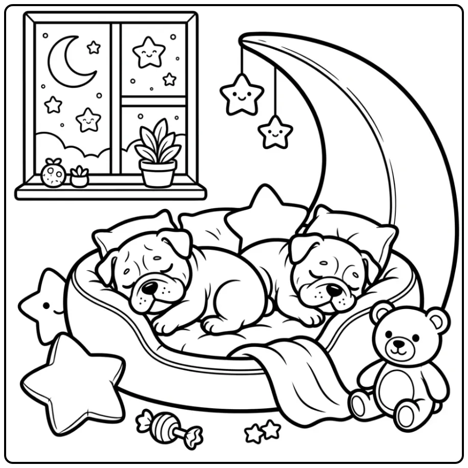 Two sleeping puppies in a moon bed for this Baby Bulldog Coloring Page.