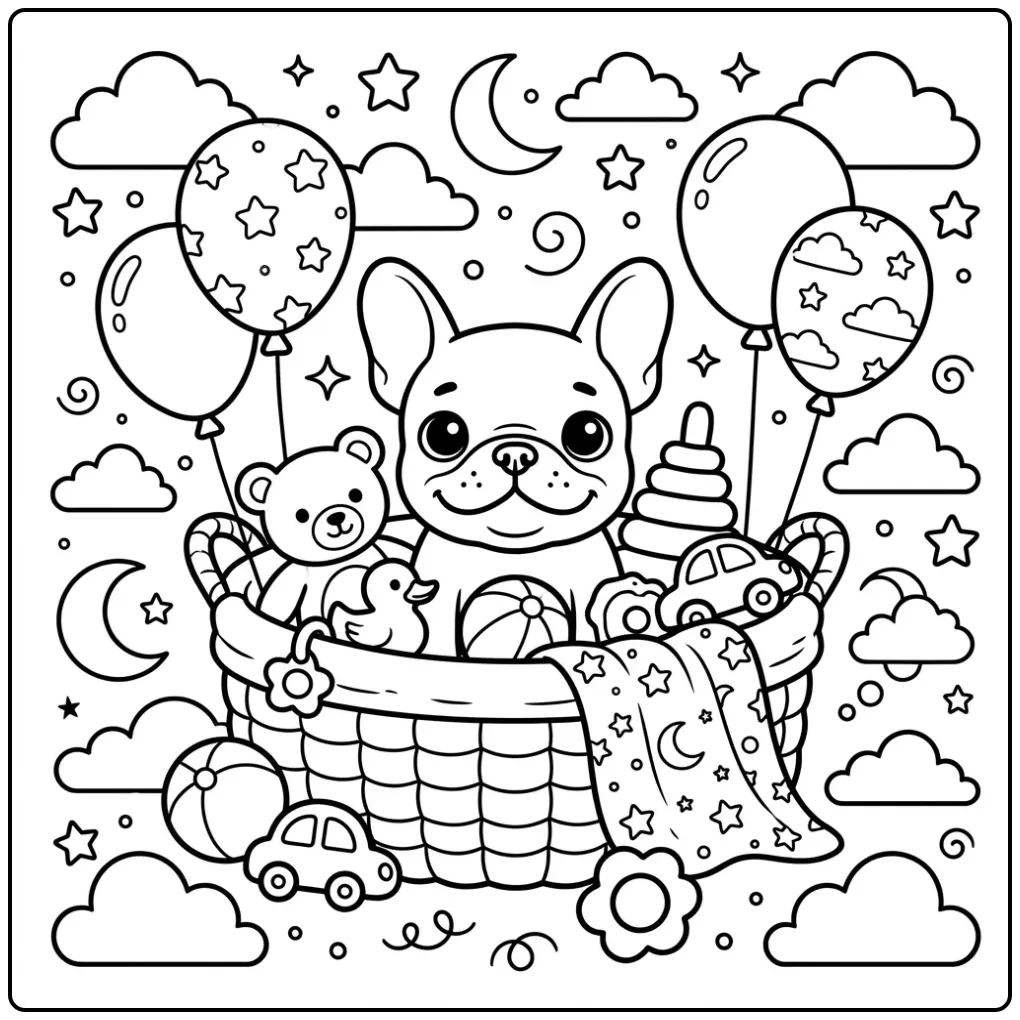 A cute Baby French Bulldog Coloring Page in a basket with toys.