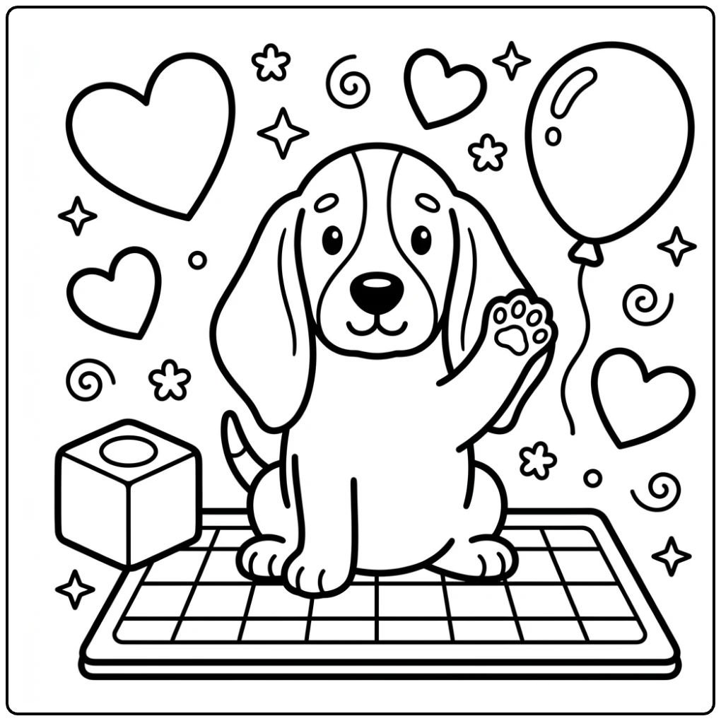 Easy Basset Hound coloring page with toys and hearts.
