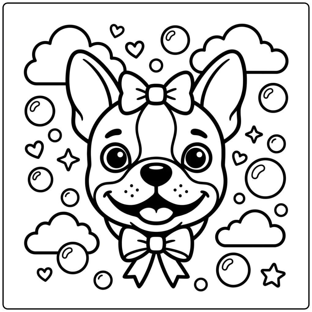 Cute Boston terrier coloring page for beginners with bubbles.