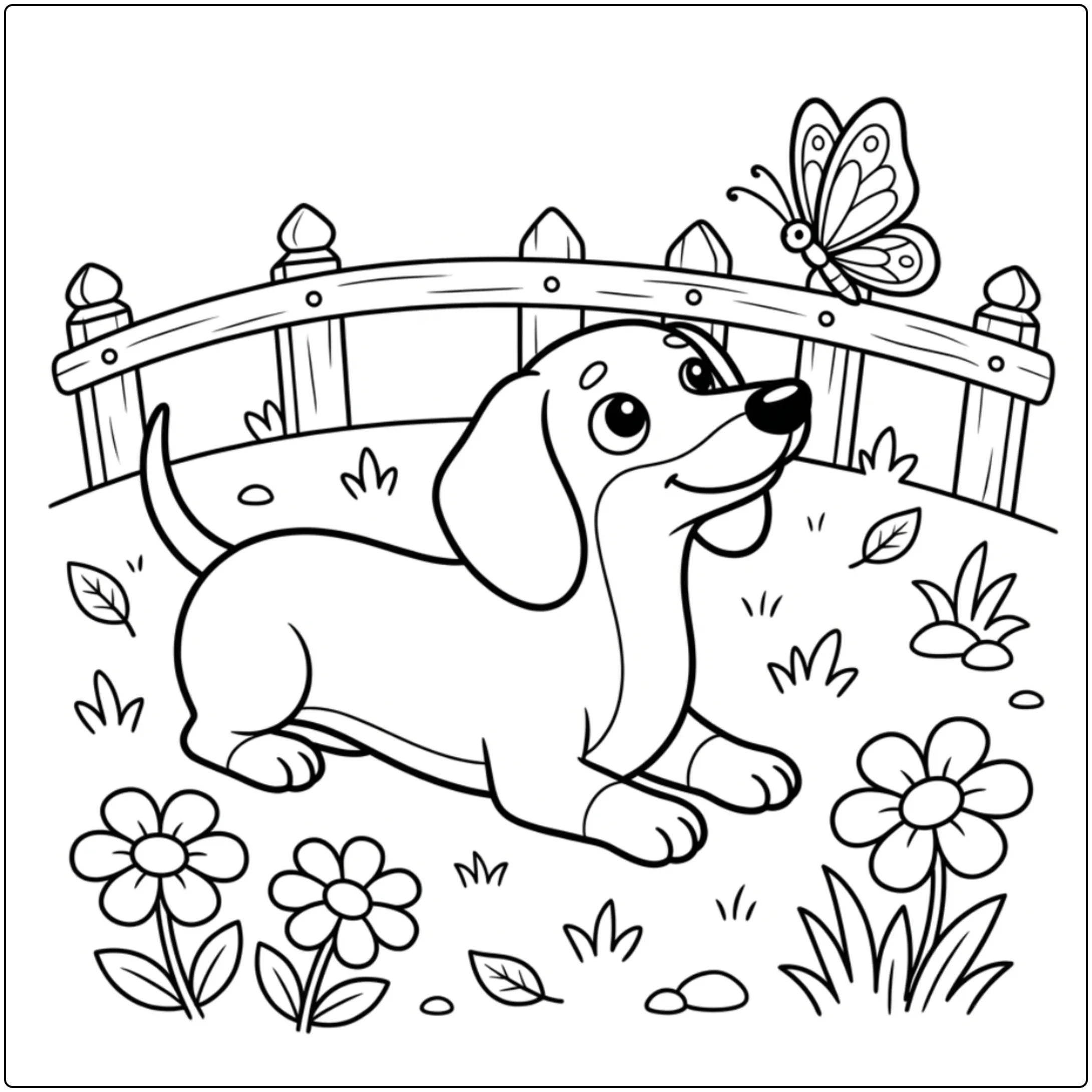 Easy Dachshund coloring page of a dog watching a butterfly