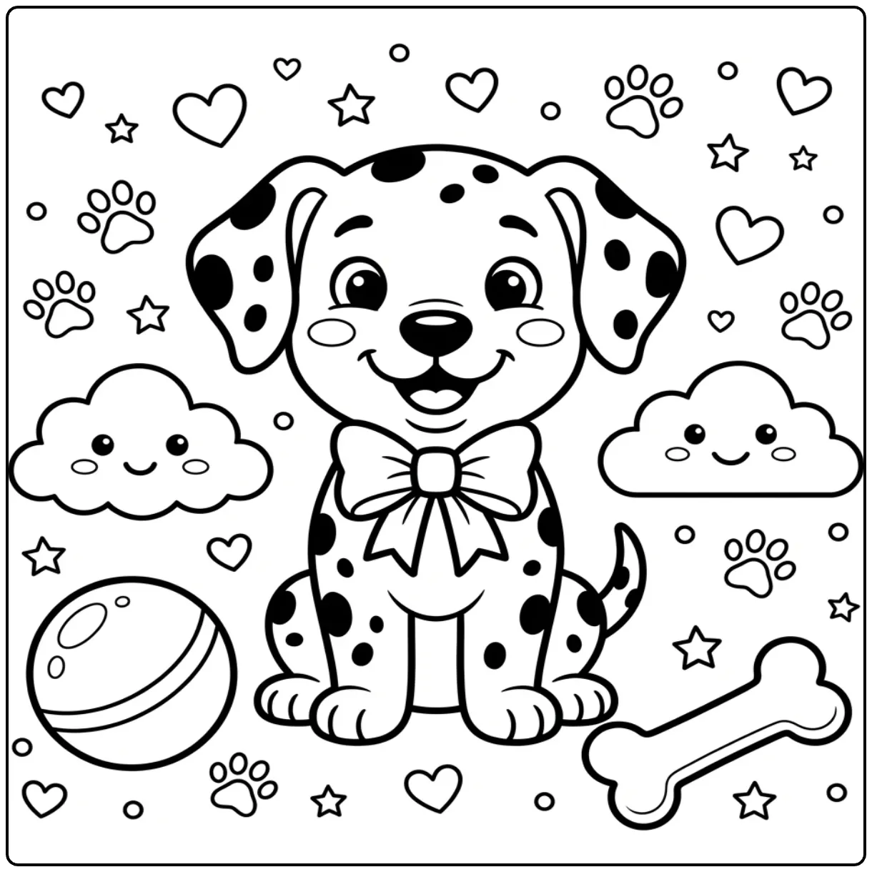 Printable Easy Dalmatian coloring page with a smiling puppy.
