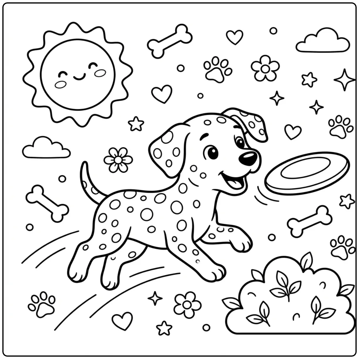 Easy Dalmatian coloring page of a puppy chasing a frisbee.