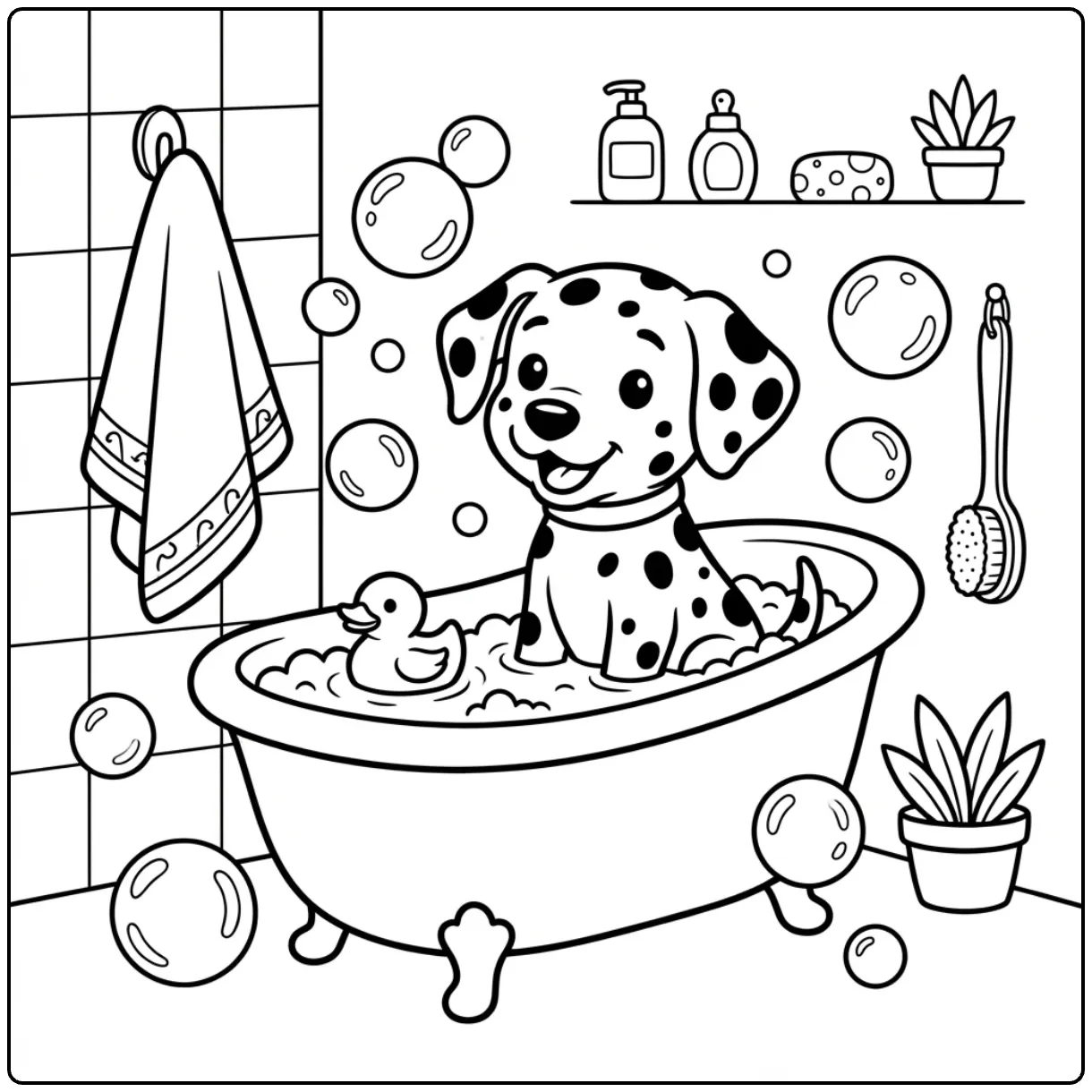 Easy Dalmatian coloring page showing a puppy in a bathtub.