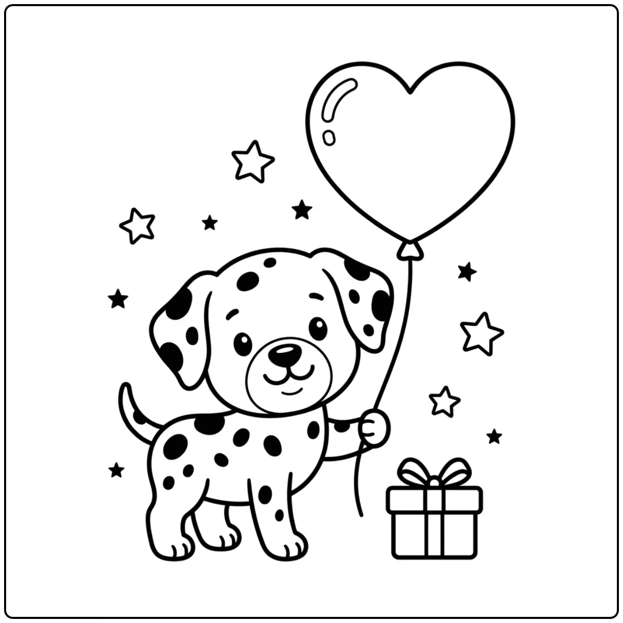 Easy Dalmatian coloring page of a puppy with a heart balloon.
