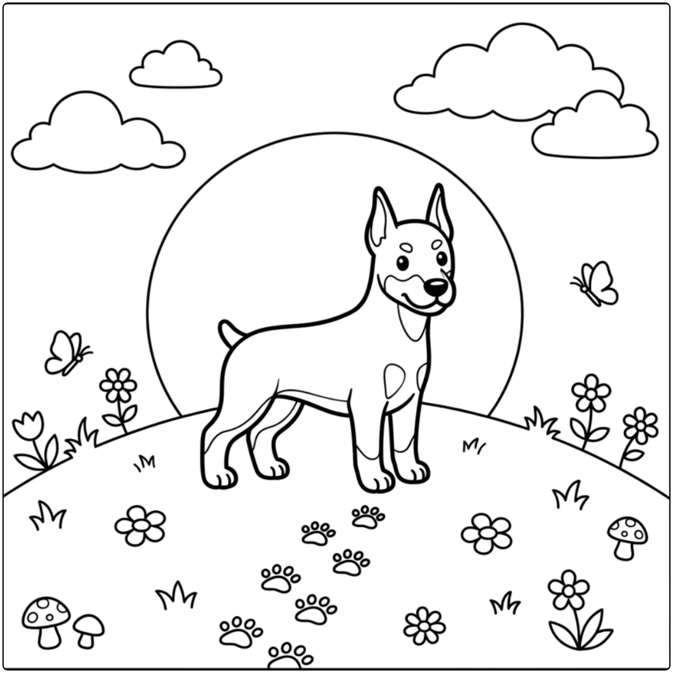 Cute puppy on a hill in this Easy Doberman coloring page.