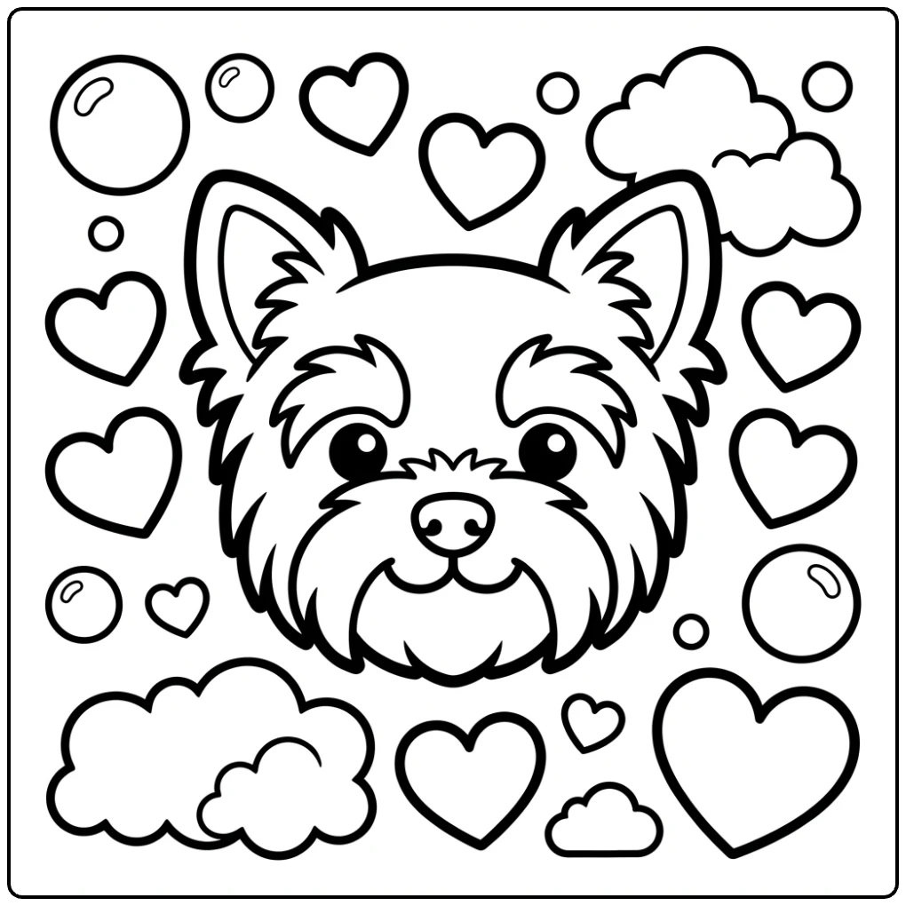 Cute Yorkie coloring page for preschool with chunky hearts