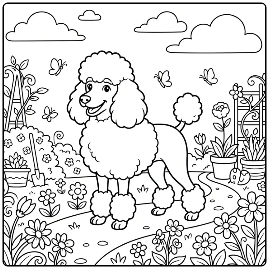 A majestic Standard Poodle Coloring Page in a spring garden.