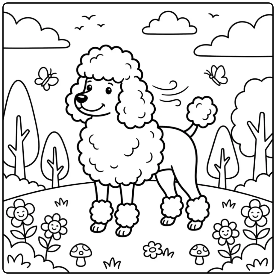 A proud poodle on a grassy hill, a Realistic Poodle Coloring Page.