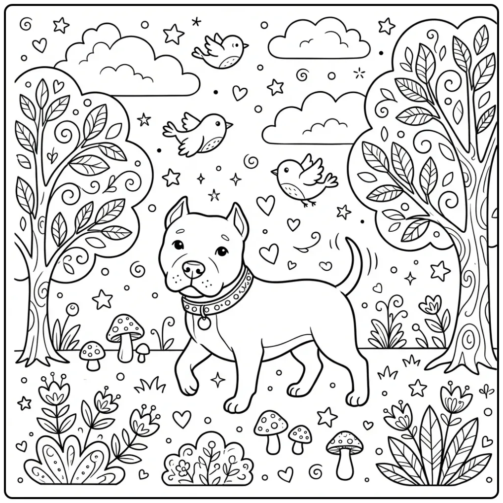 A friendly Pitbull Coloring Page For Adults in a whimsical forest.