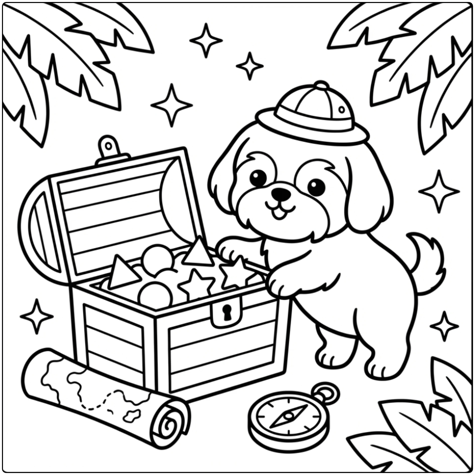 Cute adventurer Shih Tzu coloring page with treasure chest.
