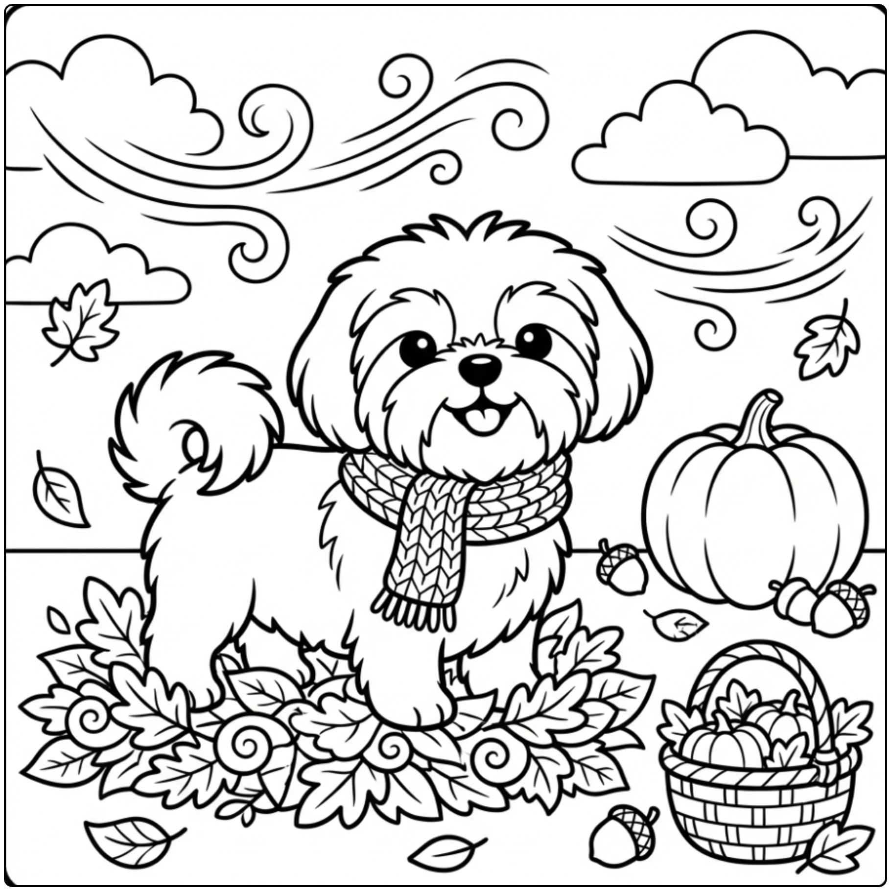 Cute autumn scene scarf dog Shih Tzu coloring page line art.