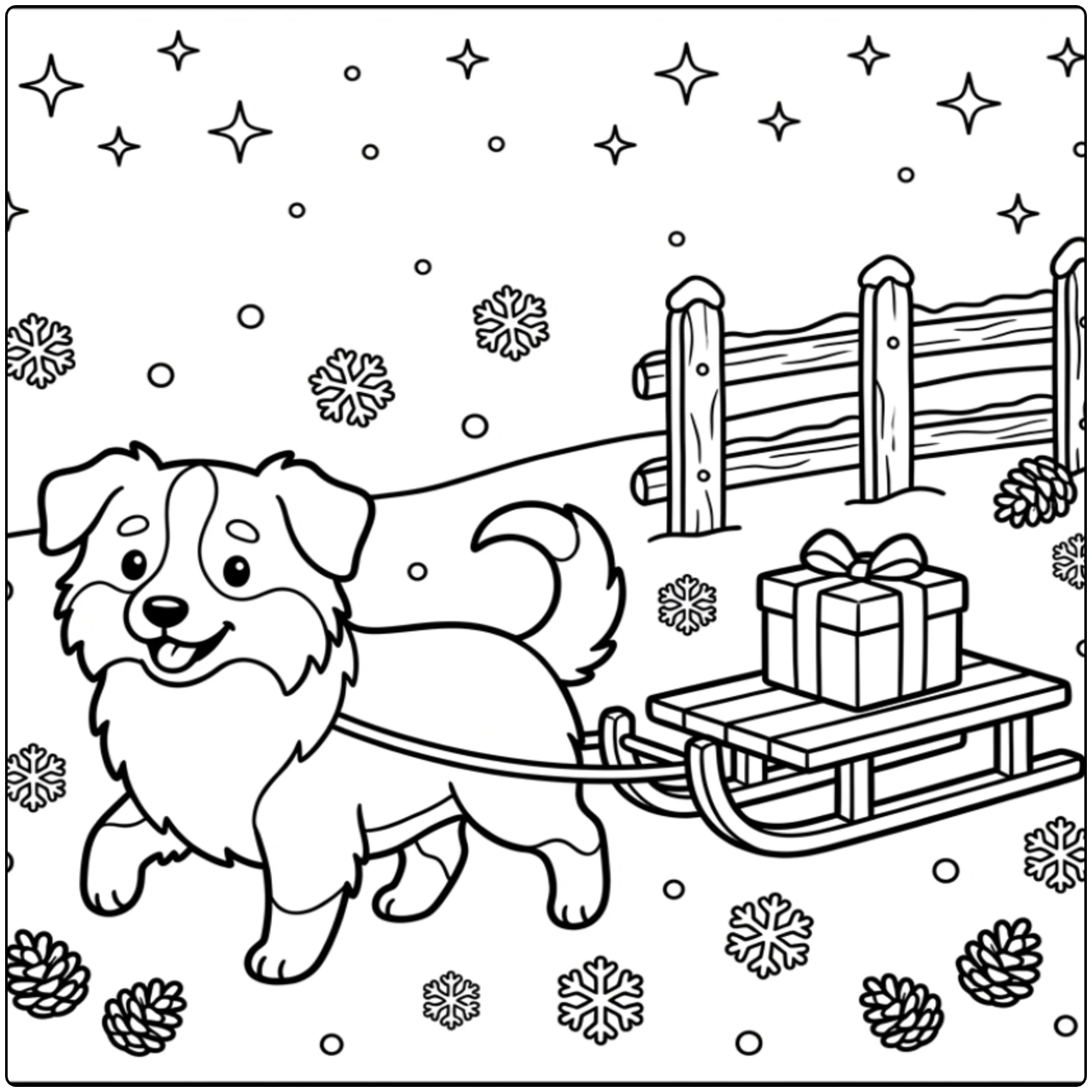 Australian shepherd in snow coloring page with sled and gift