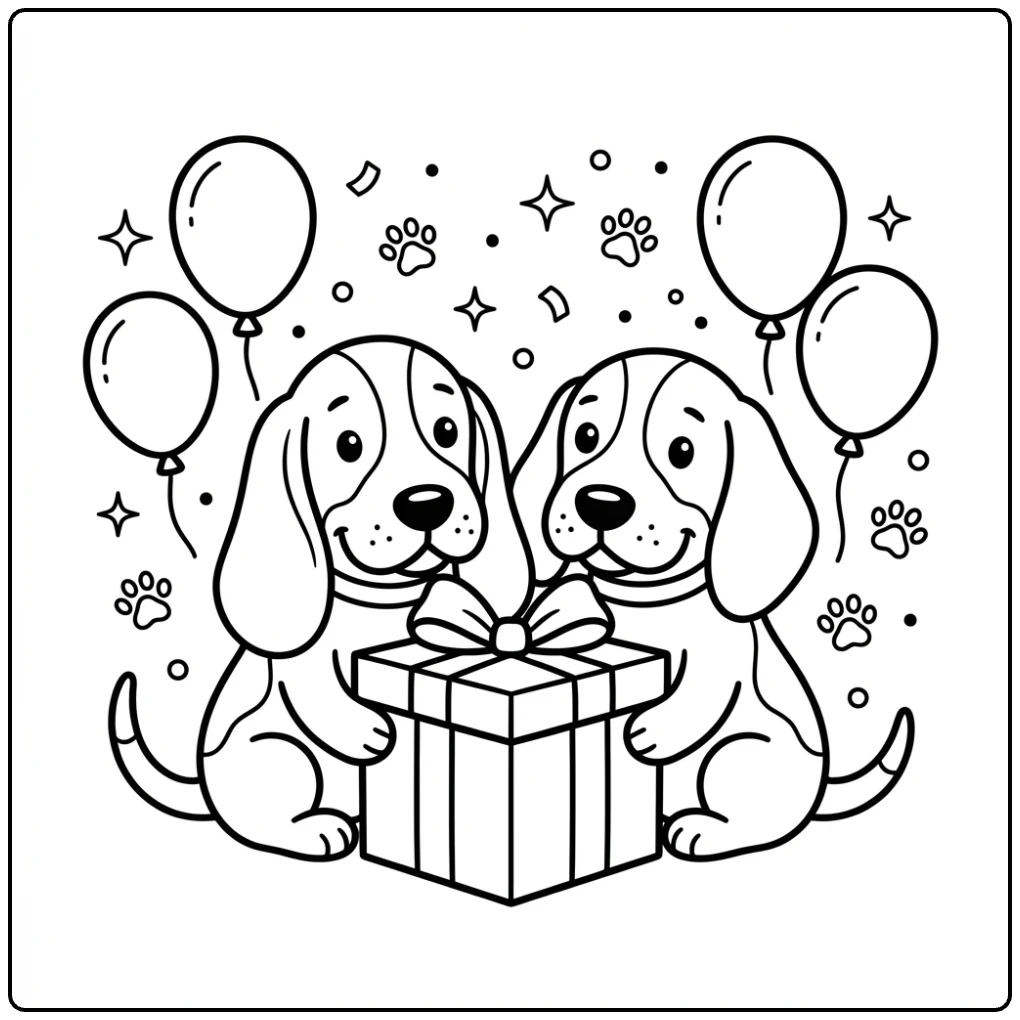 Cute Basset Hound coloring page with dogs sharing a gift.