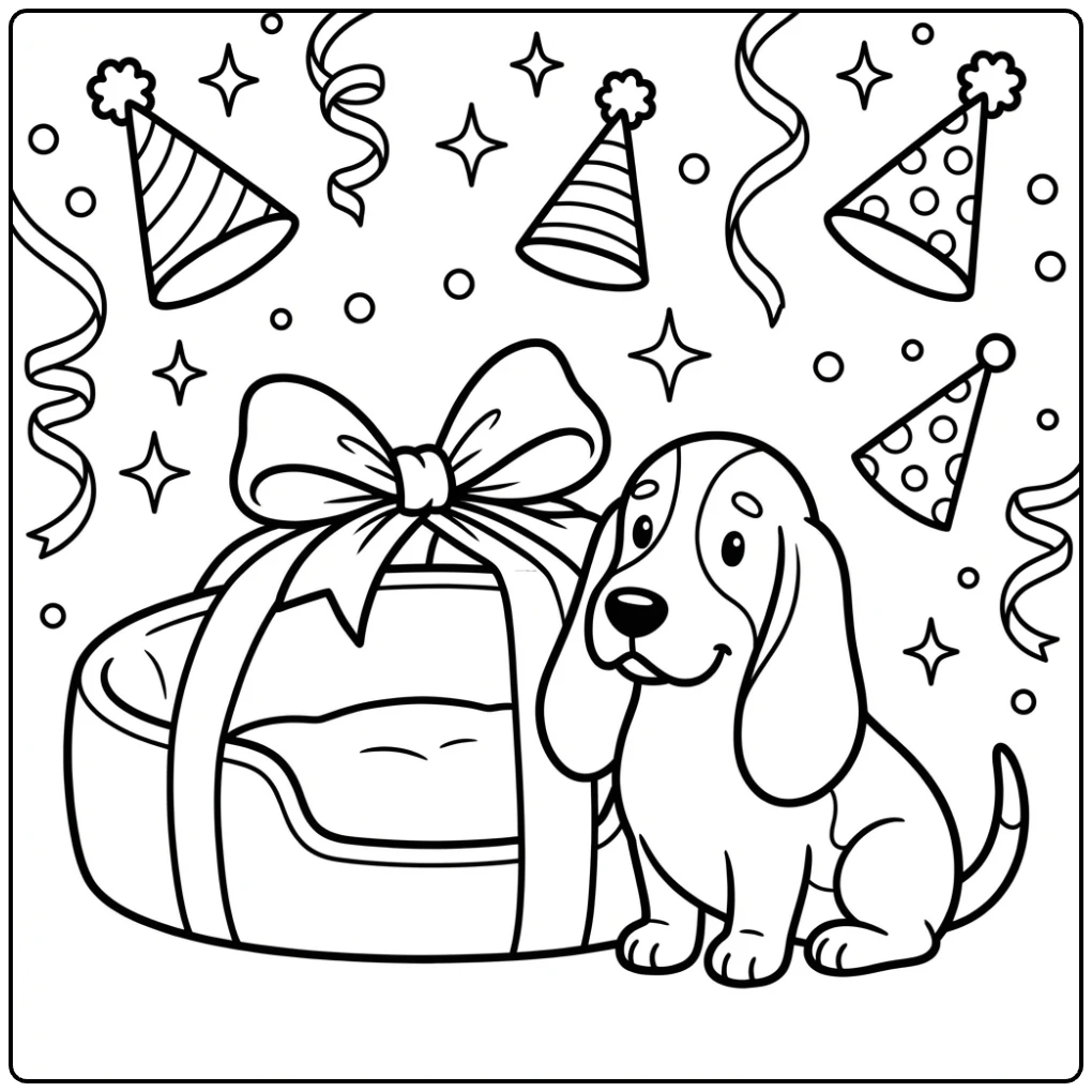 Basset Hound coloring page of a dog by a gift bed.