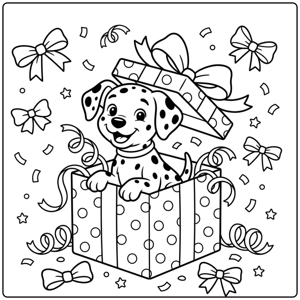 Smiling puppy in a gift box Dalmatian coloring page art.