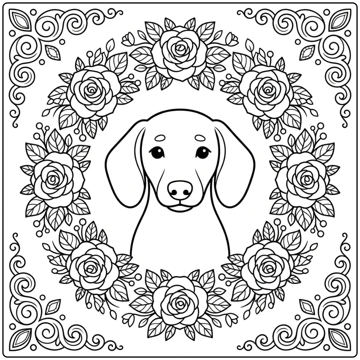 Wreath Dachshund coloring page for adults line art