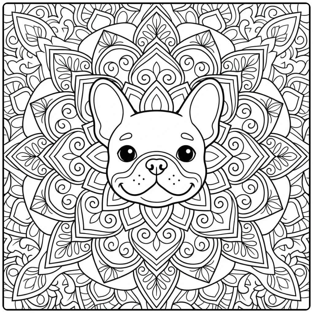 Cute Frenchie face in a floral Mandala French Bulldog Coloring Page.