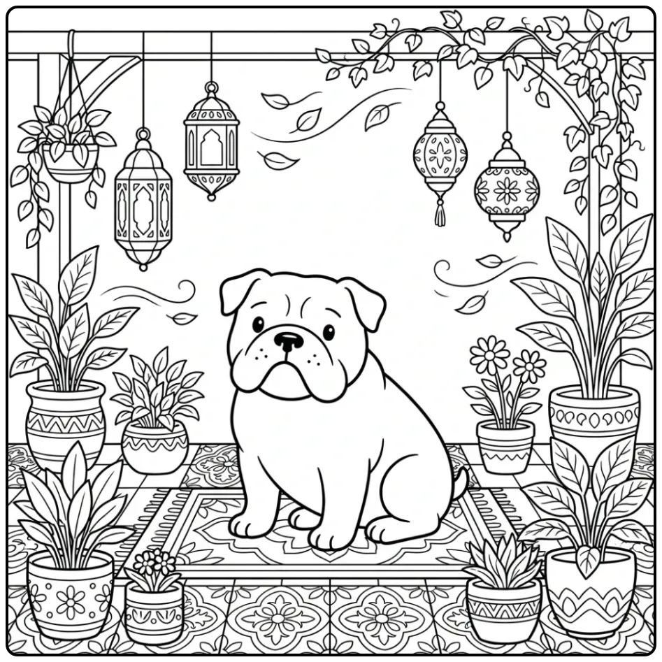 A serene Bulldog Coloring Page For Adults in a garden.