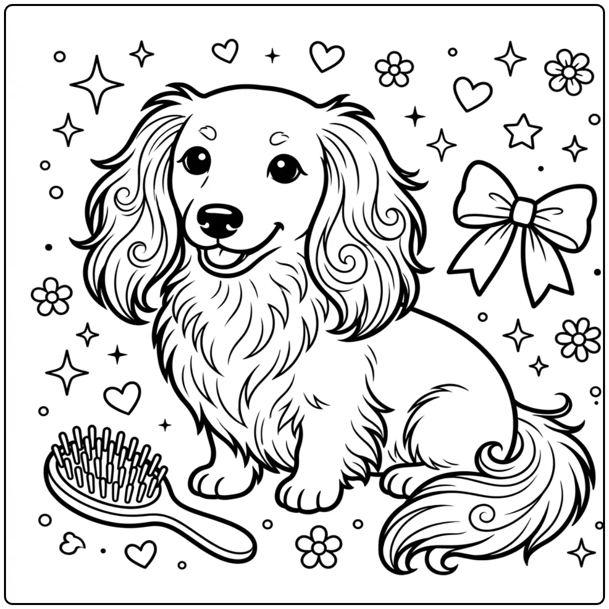 Cute Long haired Dachshund coloring page with hearts.