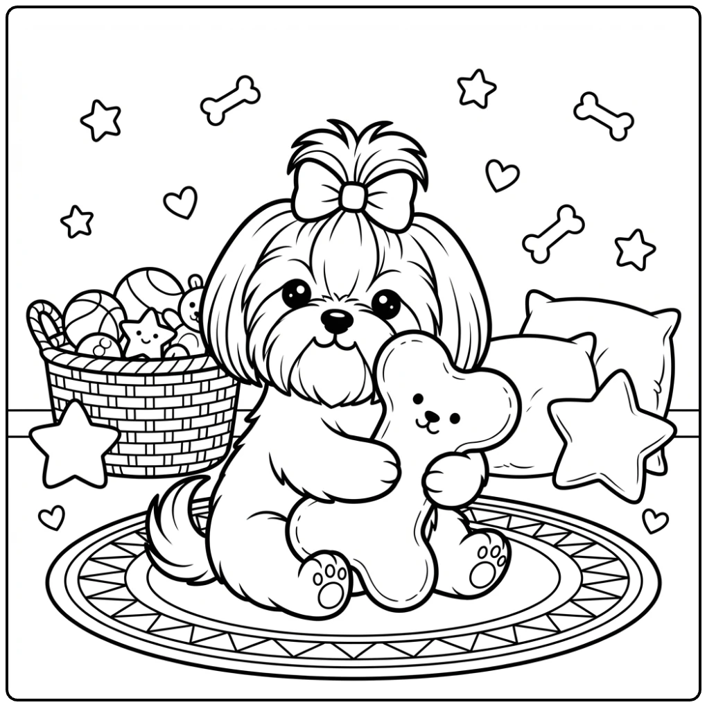 Cute Shih Tzu coloring page with a big bow and bone.