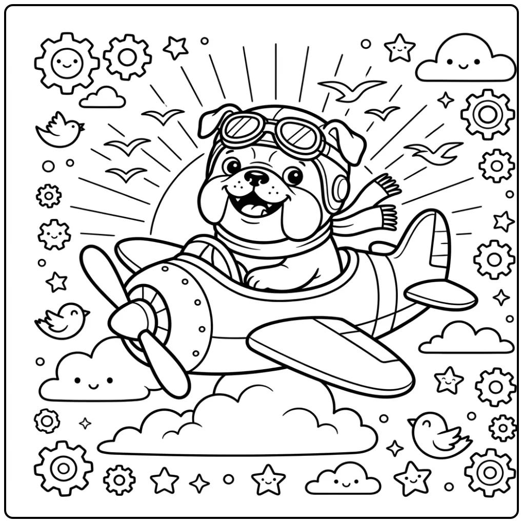 A cute pilot Bulldog Coloring Page with an airplane and birds.