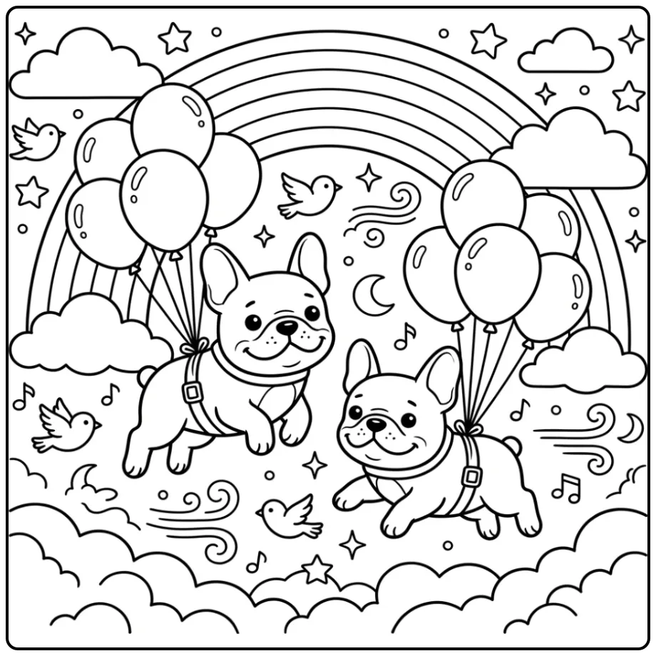 A whimsical French Bulldog Coloring Page For Kids scene.