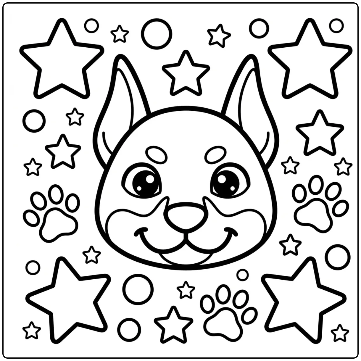Cute Doberman coloring page for toddlers with stars and paws.
