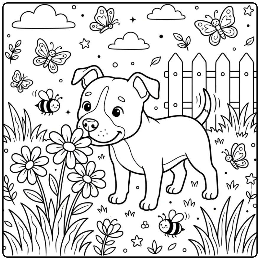 A cute cartoon Pitbull Coloring Page sniffing a garden flower.
