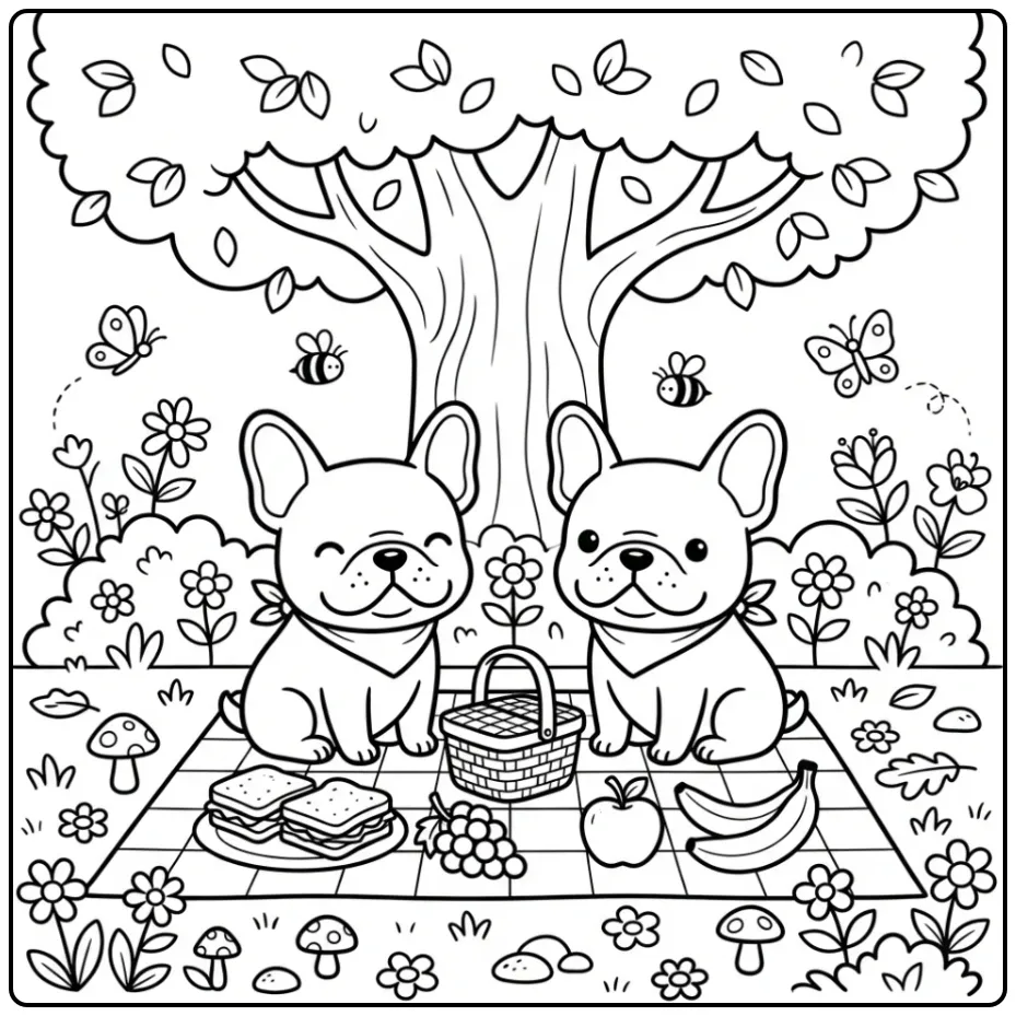 Two cute dogs on a picnic French Bulldog Coloring Page.