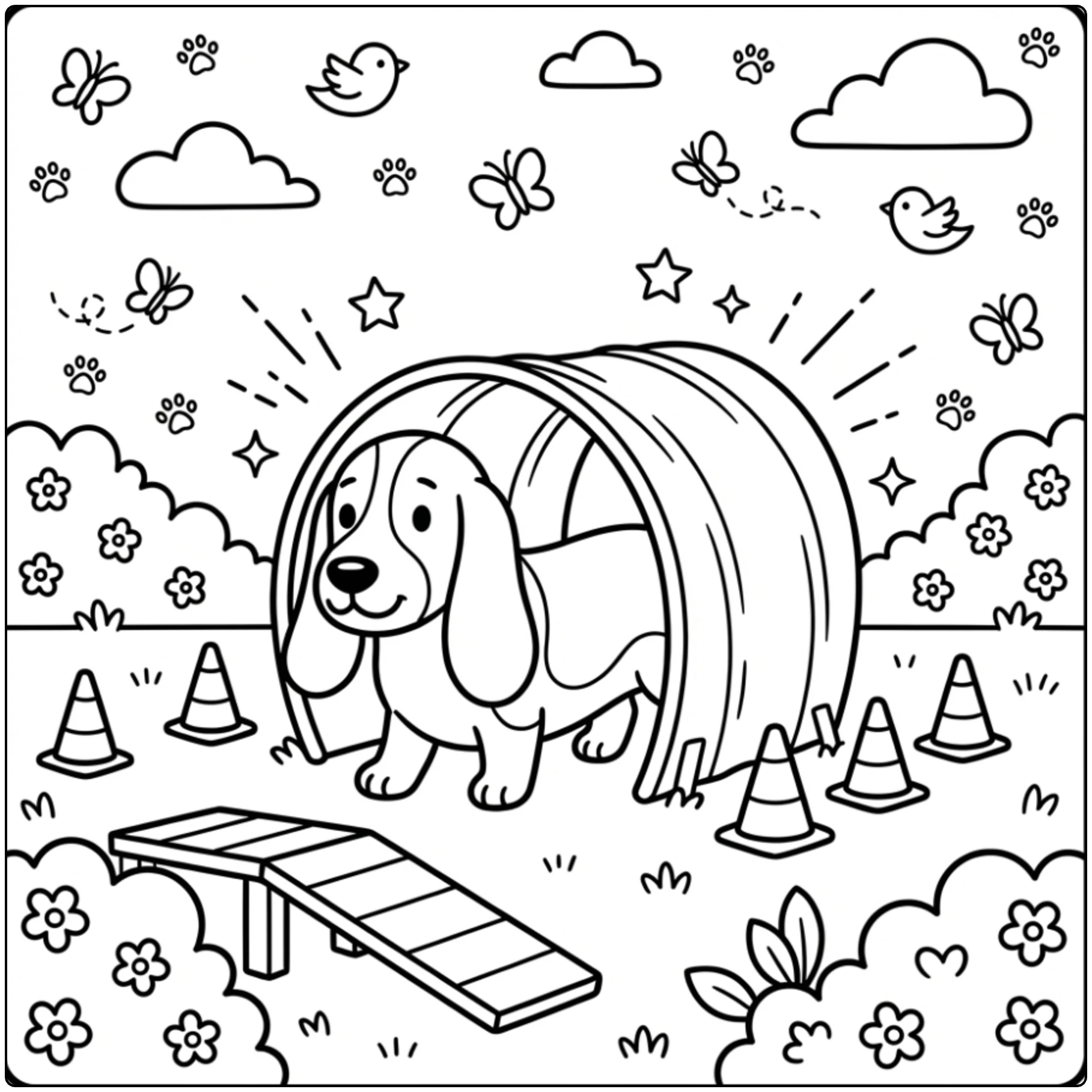 Cute Basset Hound coloring page walking through a tunnel.