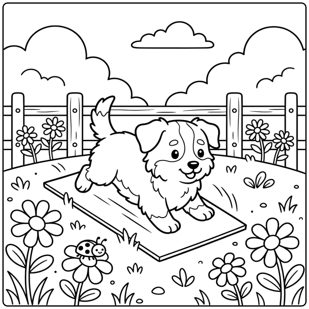 Cute Australian Shepherd Puppy coloring page sliding on grass