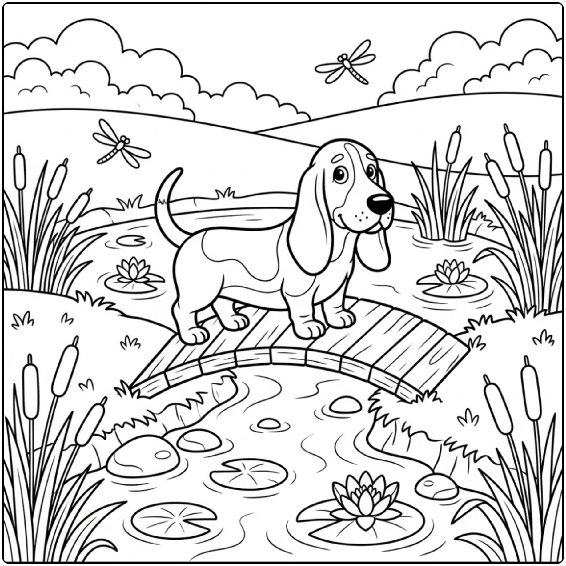 Cute Basset Hound countryside trail coloring page art.