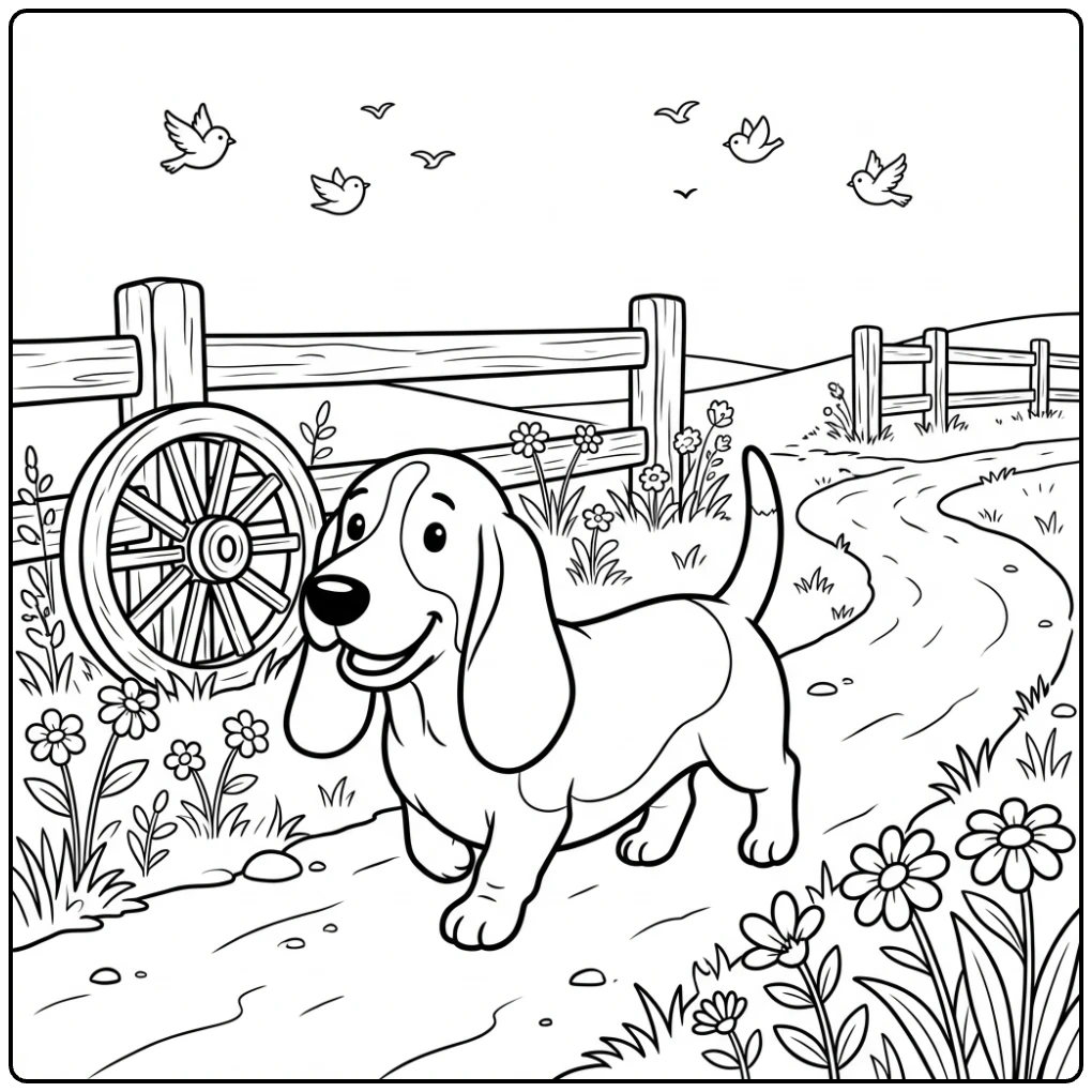 Cute Basset Hound countryside trail coloring page art.