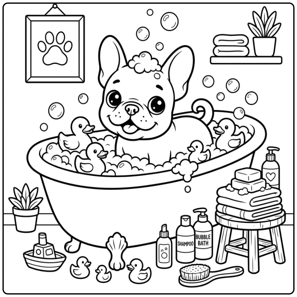 A cute Baby French Bulldog Coloring Page in a bubbly tub.