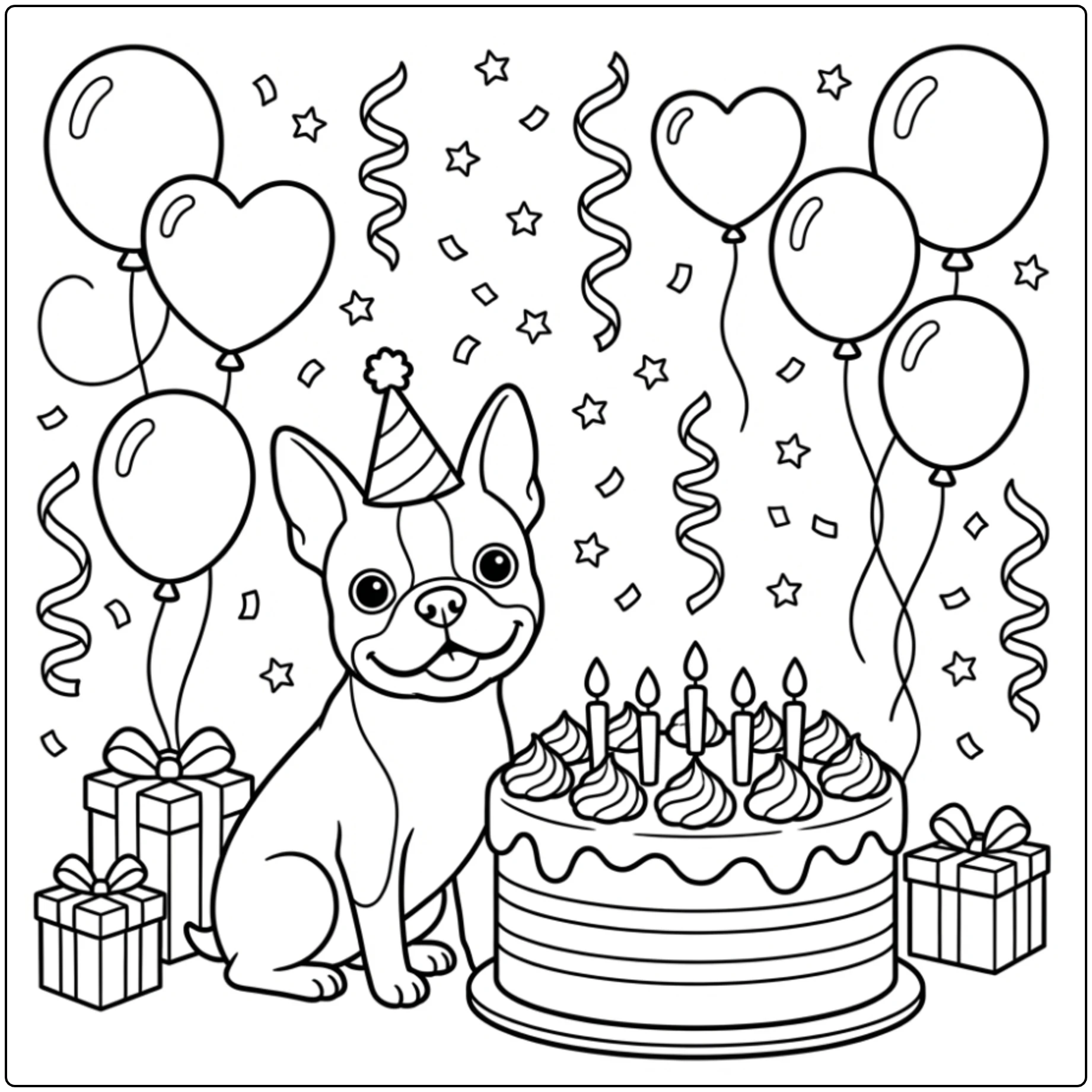 Cute Boston terrier birthday coloring page with cake art.