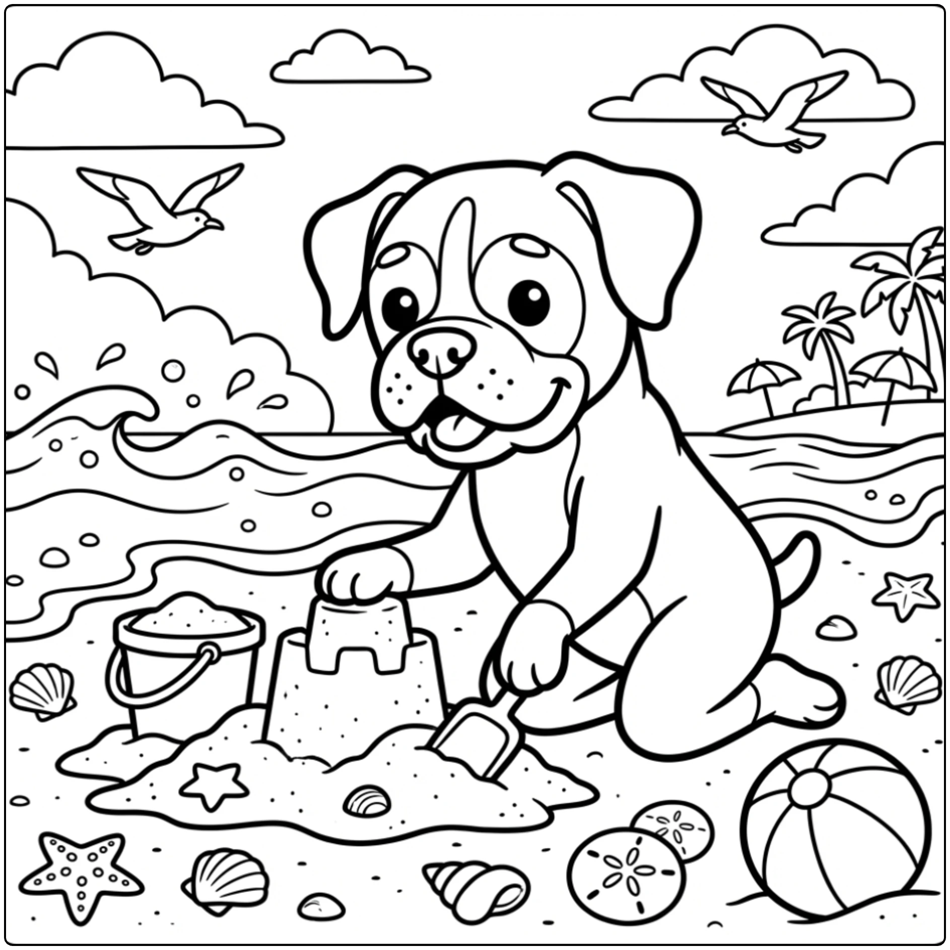 Printable Boxer Dog coloring page at the beach.