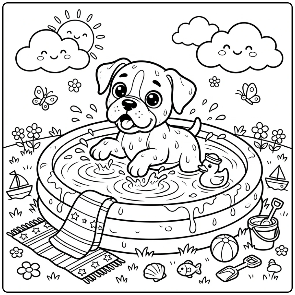 Cute Boxer Puppy coloring page splashing in a summer pool