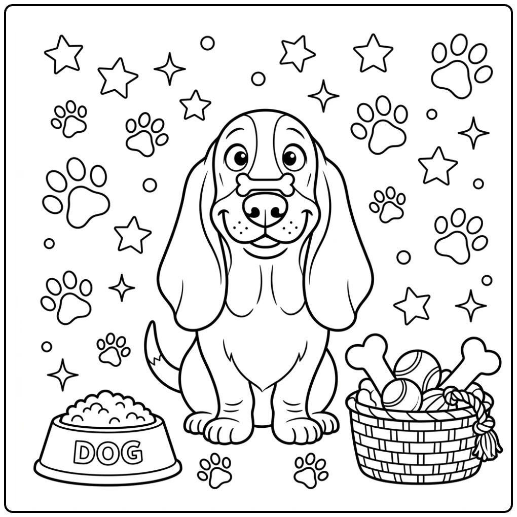 Cute Cartoon Basset Hound coloring page with treat on nose.
