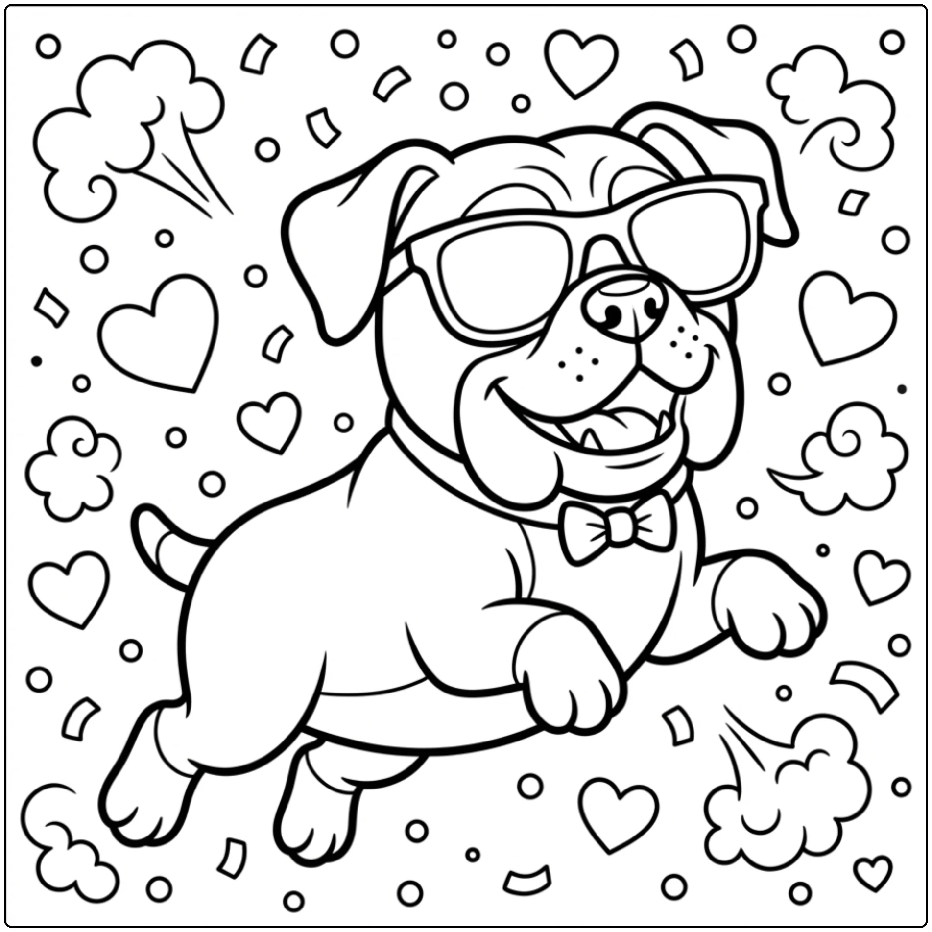 Cute cartoon boxer dog coloring page with sunglasses and bow tie.
