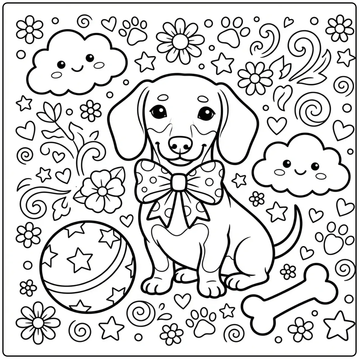 Cute puppy with bow tie on a Dachshund coloring page.