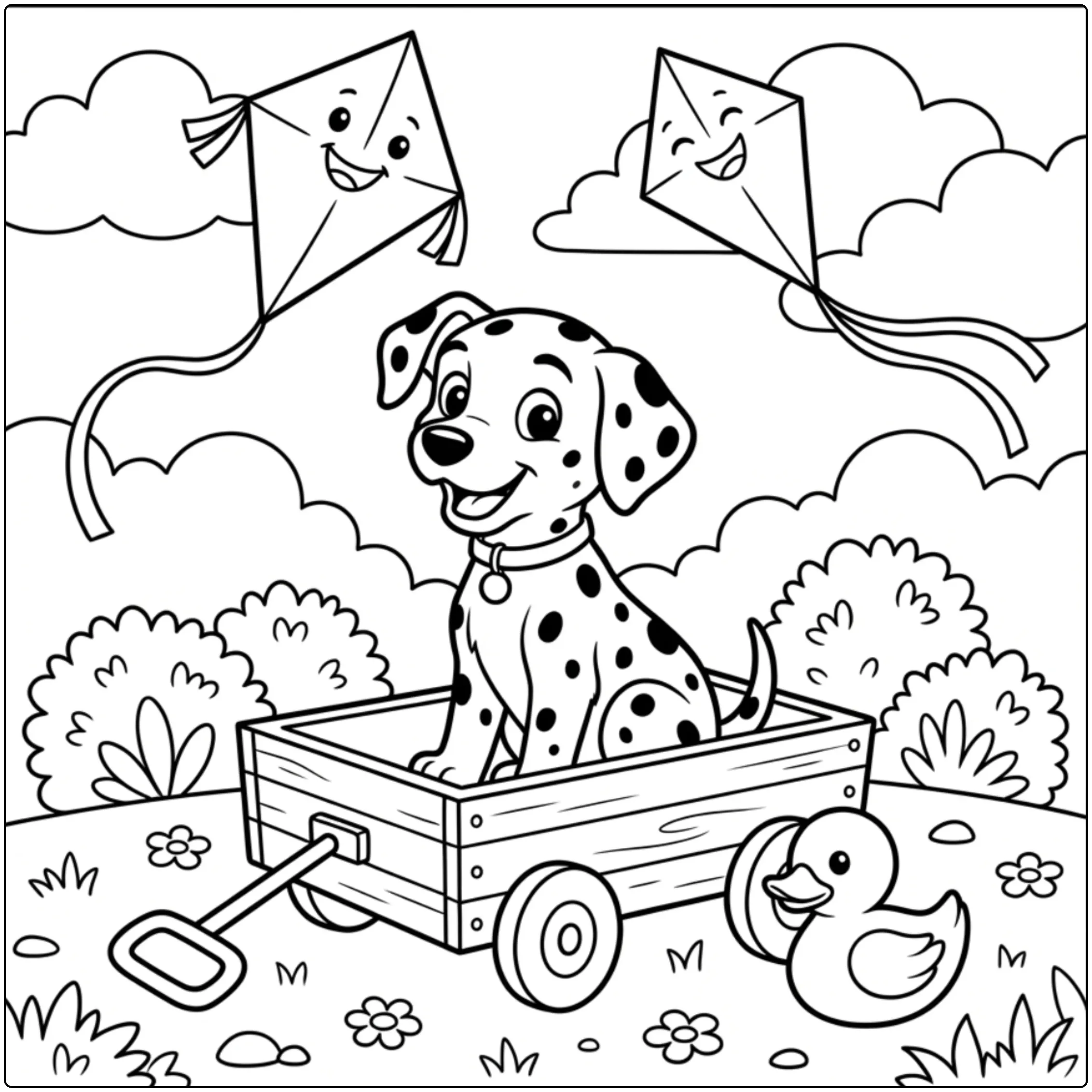Cute Dalmatian coloring page for preschoolers in a wagon.