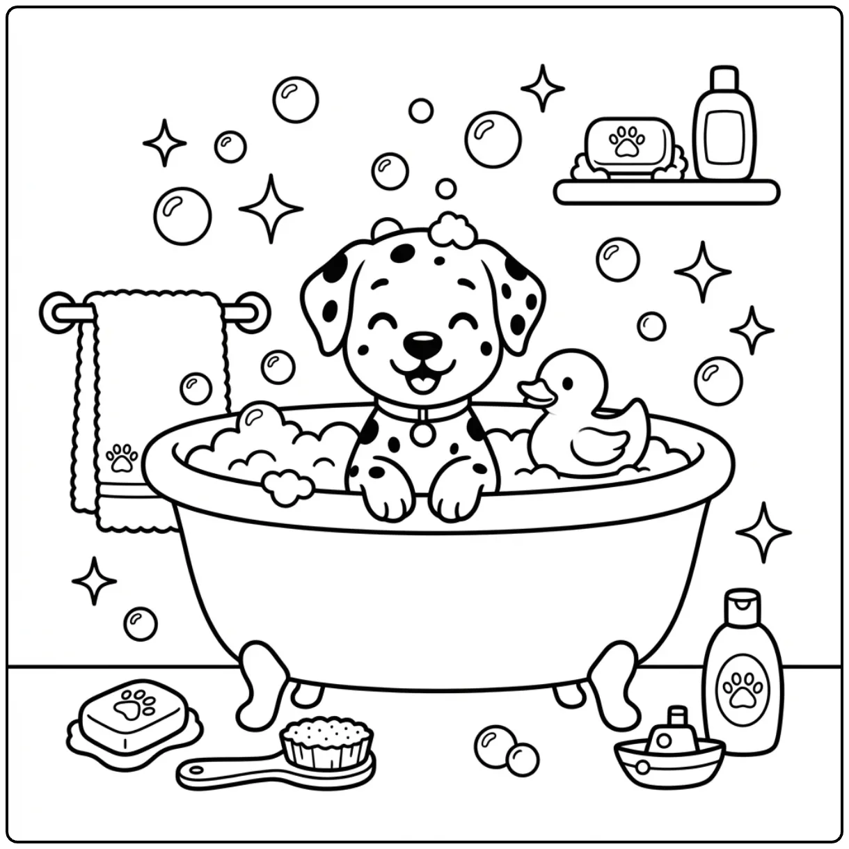 Cute Dalmatian coloring page for preschoolers in a bath tub.